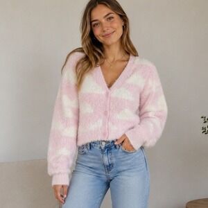 Hot Topic Sweet Society Fuzzy Pink White Striped Cropped Cardigan XL